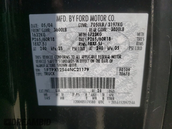 2004 Ford F-150 XL with VIN 1FTPX12544NC21179, listed as a Copart auction lot 54921605 with 186,863 mi miles and Clean title. Bid and sale history available at DreamBid. Image 12.