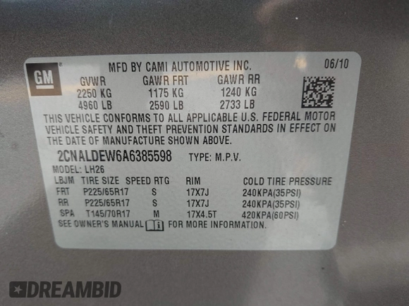 2010 Chevrolet Equinox LT w/1LT with VIN 2CNALDEW6A6385598, listed as a IAAI auction lot 41878090 with 53,176 mi miles. Bid and sale history available at carsss.com. Image 9.