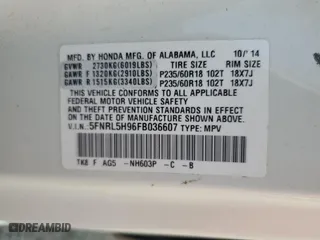 2015 Honda Odyssey Touring Elite with VIN 5FNRL5H96FB036607, listed as a Copart auction lot 54490625 with 91,171 mi miles and Salvage Title. Bid and sale history available at carsss.com. Image 13.