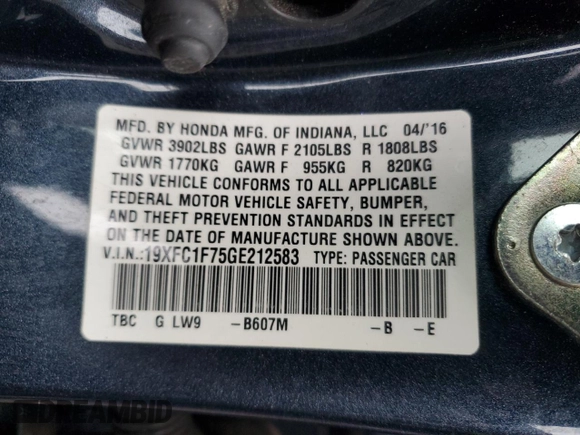 2016 Honda Civic Sedan EX-L with VIN 19XFC1F75GE212583, listed as a Copart auction lot 51259145 with 100,359 mi miles and Salvage Title. Bid and sale history available at carsss.com. Image 13.