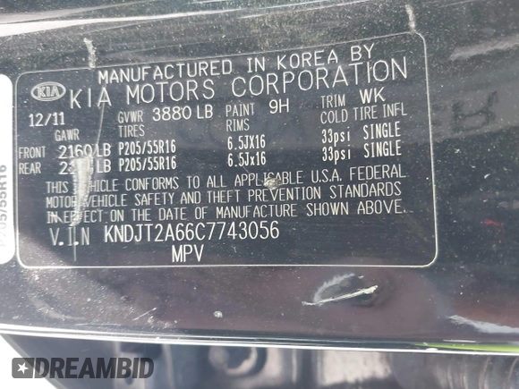 2012 Kia Soul + with VIN KNDJT2A66C7743056, listed as a IAAI auction lot 42154147 with 167,392 mi miles and . Bid and sale history available at DreamBid. Image 9.