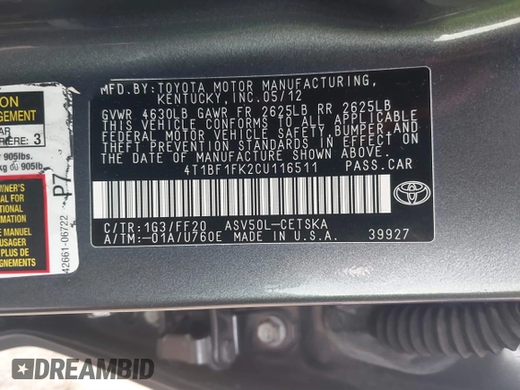 2012 Toyota Camry L with VIN 4T1BF1FK2CU116511, listed as a IAAI auction lot 41792514 with 163,908 mi miles. Bid and sale history available at carsss.com. Image 9.