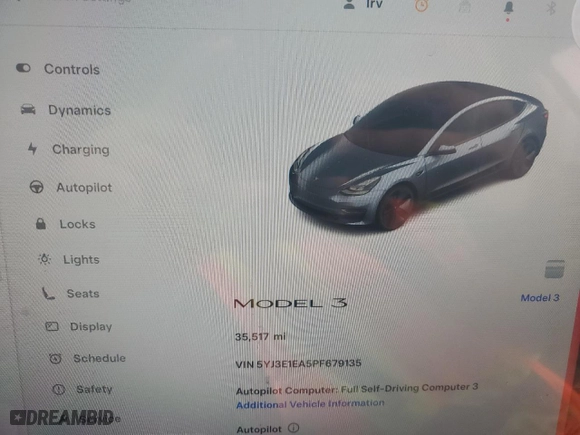 2023 Tesla Model 3 with VIN 5YJ3E1EA5PF679135, listed as a Copart auction lot 44925735 with 35,517 mi miles and Salvage Title. Bid and sale history available at carsss.com. Image 9.