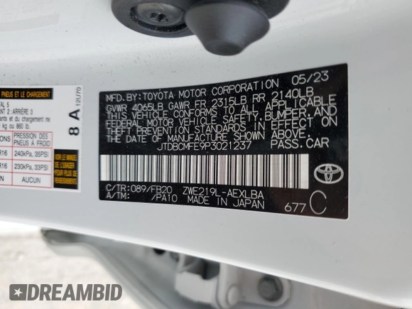 2023 Toyota Corolla Hybrid LE with VIN JTDBCMFE9P3021237, listed as a Copart auction lot 50127525 with 22,200 mi miles and Salvage Title. Bid and sale history available at carsss.com. Image 12.