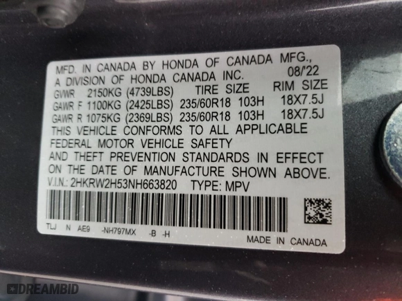 2022 Honda CR-V EX with VIN 2HKRW2H53NH663820, listed as a Copart auction lot 44587505 with 35,570 mi miles and Salvage Title. Bid and sale history available at carsss.com. Image 13.