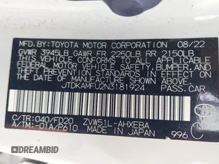 2022 Toyota Prius L Eco with VIN JTDKAMFU2N3181924, listed as a IAAI auction lot 42716012 with 177,658 mi miles and . Bid and sale history available at DreamBid. Image 9.