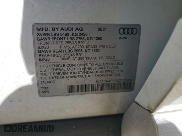 2021 Audi Q5 Prestige with VIN WA1CAAFY7M2102509, listed as a Copart auction lot 83896354 with 49,383 mi miles and Non Repairable. Bid and sale history available at carsss.com. Image 13.