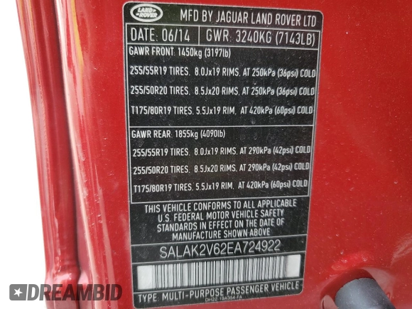 2014 Land Rover LR4 Lux with VIN SALAK2V62EA724922, listed as a Copart auction lot 47974795 with 74,513 mi miles and Salvage title. Bid and sale history available at DreamBid. Image 13.