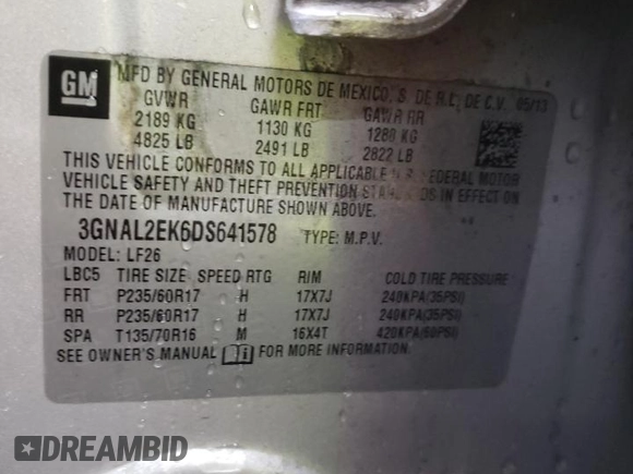 2013 Chevrolet Captiva Sport LS with VIN 3GNAL2EK6DS641578, listed as a Copart auction lot 78661134 with 107,055 mi miles and Salvage Title. Bid and sale history available at DreamBid. Image 13.