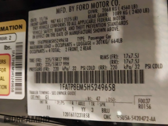 2017 Ford Mustang V6 with VIN 1FATP8EM5H5249658, listed as a IAAI auction lot 39708540 with 31,054 mi miles and . Bid and sale history available at carsss.com. Image 9.