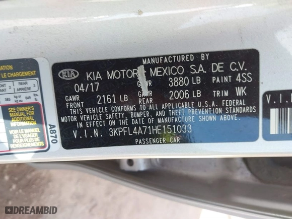 2017 Kia Forte LX with VIN 3KPFL4A71HE151033, listed as a IAAI auction lot 41745471 with 121,878 mi miles. Bid and sale history available at carsss.com. Image 9.