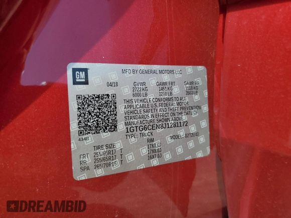 2018 GMC Canyon 4WD All Terrain with VIN 1GTG6CEN8J1281172, listed as a Copart auction lot 61536385 with 93,365 mi miles and Salvage title. Bid and sale history available at DreamBid. Image 12.
