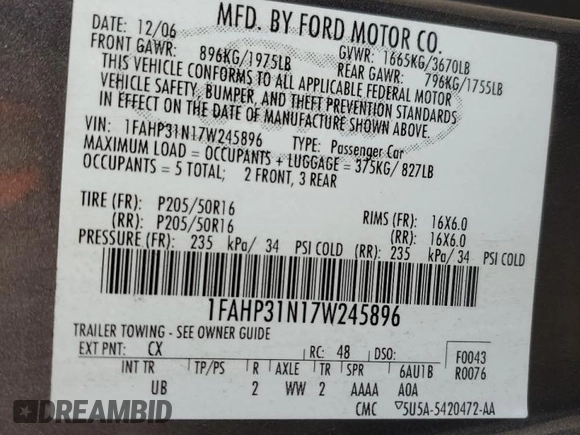 2007 Ford Focus S с VIN 1FAHP31N17W245896, выставлен на аукционе Copart как лот 54270645 с пробегом 137 229 миль миль и Чистый • Clean title. История ставок и продаж доступна на DreamBid. Изображение 13.