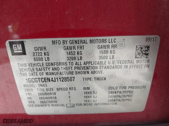 2018 Chevrolet Colorado 4WD LT with VIN 1GCGTCEN4J1128507, listed as a IAAI auction lot 41552143 with 88,470 mi miles. Bid and sale history available at carsss.com. Image 9.