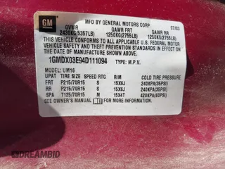 2004 Pontiac Montana 1SA with VIN 1GMDX03E94D111094, listed as a IAAI auction lot 41988723 with Not Provided miles and . Bid and sale history available at DreamBid. Image 9.
