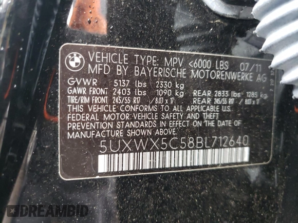 2011 BMW X3 28i with VIN 5UXWX5C58BL712640, listed as a Copart auction lot 55099015 with 72,256 mi miles and Salvage Title. Bid and sale history available at DreamBid. Image 13.