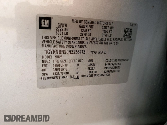 2017 Cadillac XT5 Luxury FWD with VIN 1GYKNBRS0HZ256473, listed as a Copart auction lot 45385105 with 107,314 mi miles and Salvage Title. Bid and sale history available at DreamBid. Image 13.