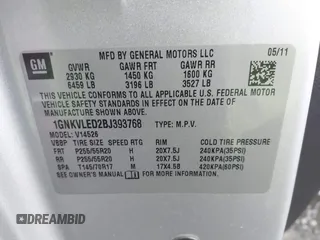 2011 Chevrolet Traverse LTZ with VIN 1GNKVLED2BJ393768, listed as a IAAI auction lot 41902319 with Not Provided miles and . Bid and sale history available at DreamBid. Image 9.