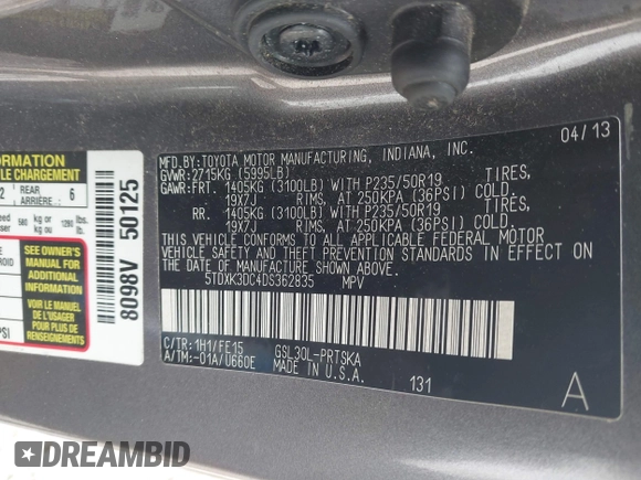 2013 Toyota Sienna SE с VIN 5TDXK3DC4DS362835, выставлен на аукционе IAAI как лот 42471442 с пробегом 122 990 миль миль и . История ставок и продаж доступна на DreamBid. Изображение 9.