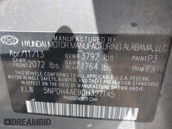 2013 Hyundai Elantra Limited with VIN 5NPDH4AE9DH327145, listed as a IAAI auction lot 42018480 with 206,048 mi miles and . Bid and sale history available at DreamBid. Image 9.