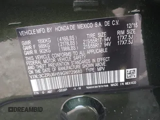 2016 Honda HR-V EX with VIN 3CZRU6H59GM729680, listed as a IAAI auction lot 41991462 with 55,611 mi miles and . Bid and sale history available at DreamBid. Image 9.