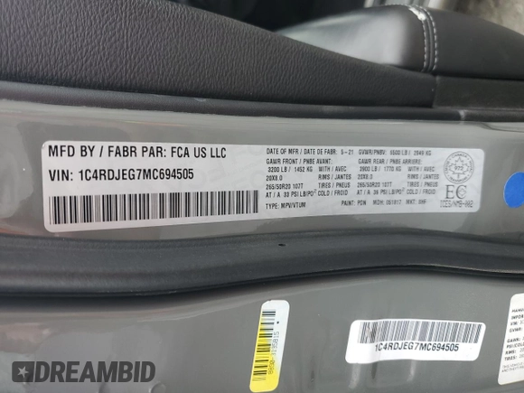 2021 Dodge Durango Citadel with VIN 1C4RDJEG7MC694505, listed as a Copart auction lot 65630795 with 105,060 mi miles and Clean title. Bid and sale history available at DreamBid. Image 13.