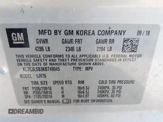 2019 Chevrolet Trax LT with VIN KL7CJLSB3KB748045, listed as a IAAI auction lot 41190696 with 128,785 mi miles. Bid and sale history available at carsss.com. Image 9.