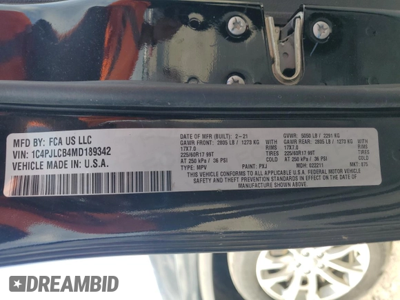 2021 Jeep Cherokee Latitude с VIN 1C4PJLCB4MD189342, выставлен на аукционе Copart как лот 57910915 с пробегом 66 487 миль миль и Списание • Salvage title. История ставок и продаж доступна на DreamBid. Изображение 12.