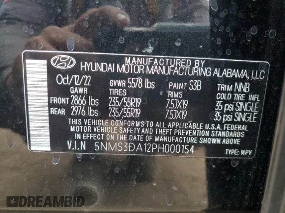 2023 Hyundai Santa Fe Hybrid SEL Premium with VIN 5NMS3DA12PH000154, listed as a Copart auction lot 76742334 with 33,902 mi miles and Salvage Title. Bid and sale history available at carsss.com. Image 14.