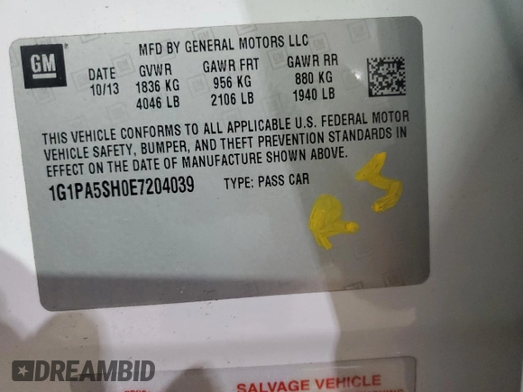 2014 Chevrolet Cruze LS with VIN 1G1PA5SH0E7204039, listed as a Copart auction lot 47737715 with 77,088 mi miles and Non Repairable. Bid and sale history available at carsss.com. Image 12.