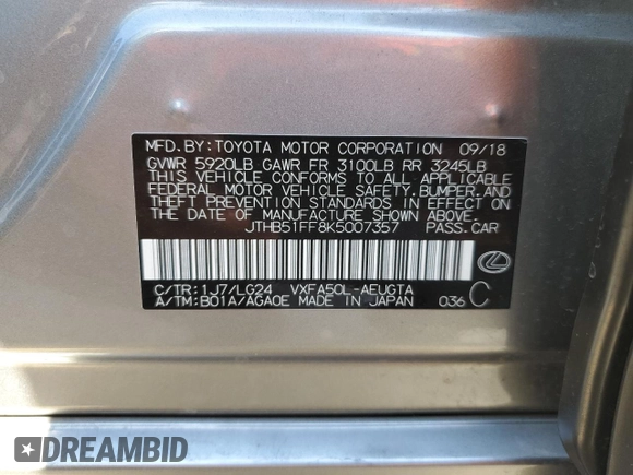 2019 Lexus LS 500 with VIN JTHB51FF8K5007357, listed as a Copart auction lot 46069445 with 78,041 mi miles and Salvage title. Bid and sale history available at DreamBid. Image 12.