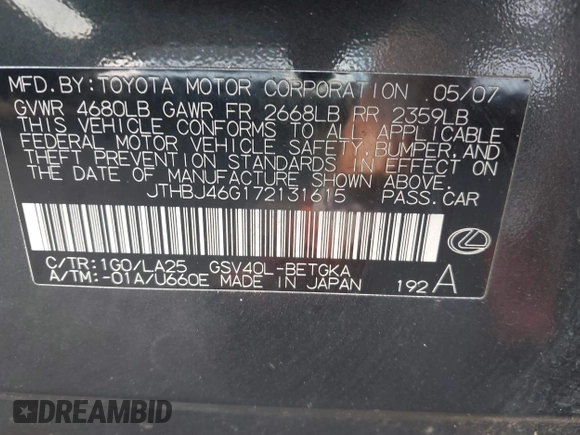 2007 Lexus ES 330 z VIN JTHBJ46G172131615, wystawiony jako IAAI lot #42429629 z przebiegiem 239 757 mil mil oraz . Historia ofert i sprzedaży dostępna na DreamBid. Obrazek 9.