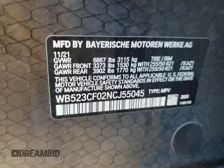 2022 BMW iX xDrive50 with VIN WB523CF02NCJ55045, listed as a Copart auction lot 87017454 with 35,801 mi miles and Salvage Title. Bid and sale history available at carsss.com. Image 13.