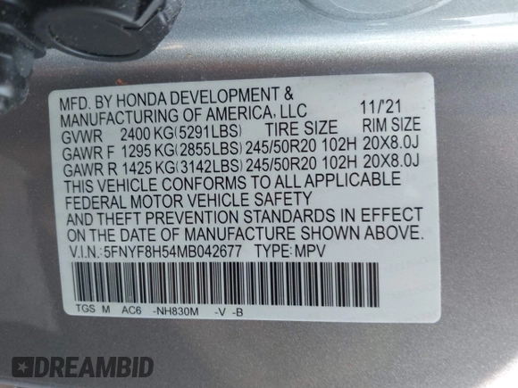 2021 Honda Passport EX-L with VIN 5FNYF8H54MB042677, listed as a IAAI auction lot 40732860 with 63,698 mi miles and . Bid and sale history available at DreamBid. Image 9.