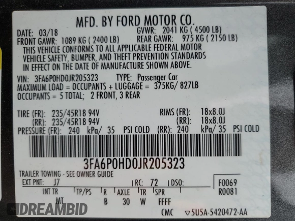 2018 Ford Fusion SE with VIN 3FA6P0HD0JR205323, listed as a Copart auction lot 54343255 with 124,420 mi miles and Clean Title. Bid and sale history available at carsss.com. Image 12.