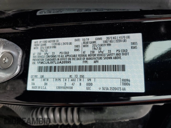 2020 Ford Escape Titanium с VIN 1FMCU9J97LUA20595, выставлен на аукционе Copart как лот 59476745 с пробегом 74 518 миль миль и Списание • Salvage title. История ставок и продаж доступна на DreamBid. Изображение 13.