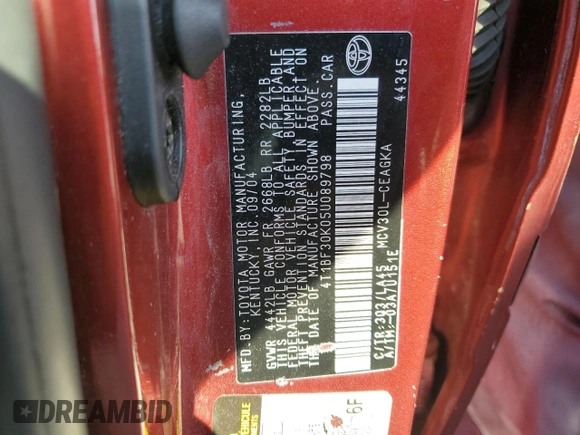 2005 Toyota Camry LE with VIN 4T1BF30K05U089798, listed as a Copart auction lot 56967924 with 228,003 mi miles and Clean Title. Bid and sale history available at DreamBid. Image 12.