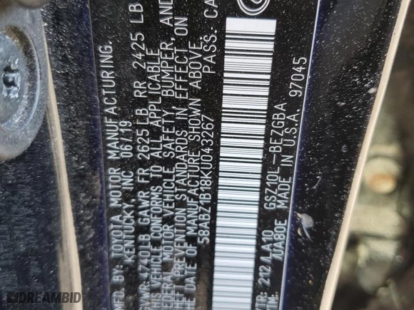 2019 Lexus ES with VIN 58ABZ1B18KU043267, listed as a Copart auction lot 51291965 with 60,927 mi miles and Salvage Title. Bid and sale history available at carsss.com. Image 12.