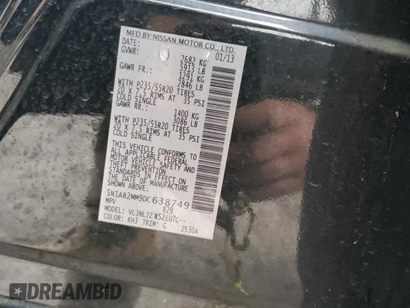 2013 Nissan Pathfinder SL with VIN 5N1AR2MM9DC638749, listed as a Copart auction lot 80803724 with 172,675 mi miles and Salvage Title. Bid and sale history available at carsss.com. Image 14.