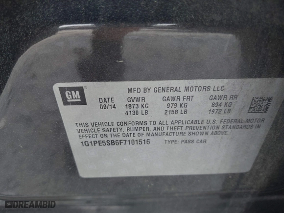 2015 Chevrolet Cruze LT with VIN 1G1PE5SB6F7101516, listed as a IAAI auction lot 41968922 with 161,818 mi miles. Bid and sale history available at carsss.com. Image 9.