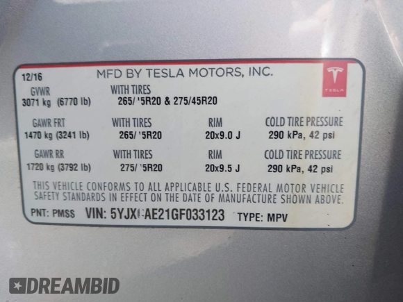 2016 Tesla Model X 70D with VIN 5YJXCAE21GF033123, listed as a IAAI auction lot 39813497 with 162,509 mi miles and . Bid and sale history available at DreamBid. Image 9.