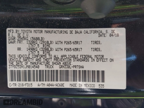 2018 Toyota Tacoma SR5 with VIN 3TMBZ5DN1JM014540, listed as a IAAI auction lot 42505324 with 112,990 mi miles and . Bid and sale history available at DreamBid. Image 9.