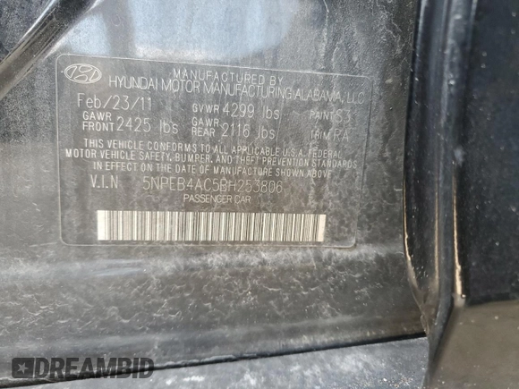 2011 Hyundai Sonata GLS z VIN 5NPEB4AC5BH253806, wystawiony jako Copart lot #57609965 z przebiegiem 175 278 mil mil oraz Szkoda całkowita • Salvage title. Historia ofert i sprzedaży dostępna na DreamBid. Obrazek 12.