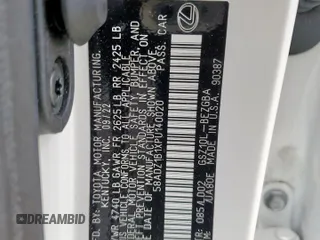 2023 Lexus ES 350 с VIN 58ADZ1B1XPU140020, выставлен на аукционе Copart как лот 62044125 с пробегом 7 251 миль миль и Списание • Salvage title. История ставок и продаж доступна на DreamBid. Изображение 12.