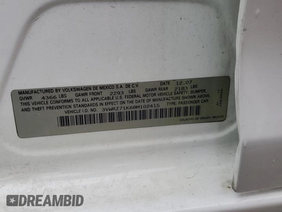 2008 Volkswagen Jetta SE с VIN 3VWRZ71K68M102415, выставлен на аукционе Copart как лот 58691905 с пробегом 151 021 миль миль и Списание • Salvage title. История ставок и продаж доступна на DreamBid. Изображение 12.