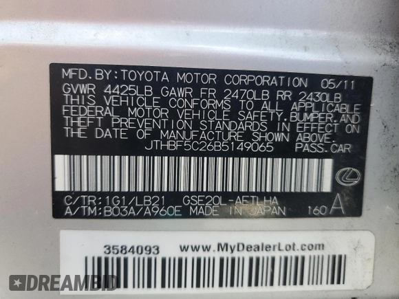 2011 Lexus IS 250 с VIN JTHBF5C26B5149065, выставлен на аукционе Copart как лот 62199485 с пробегом 121 605 миль миль и Чистый • Clean title. История ставок и продаж доступна на DreamBid. Изображение 12.