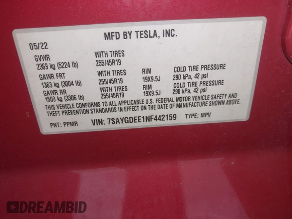 2022 Tesla Model Y Long Range with VIN 7SAYGDEE1NF442159, listed as a IAAI auction lot 41674506 with 82,355 mi miles and . Bid and sale history available at DreamBid. Image 9.