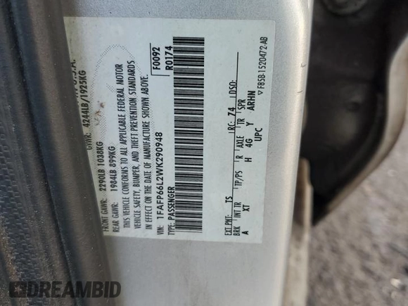 1998 Ford Contour LX with VIN 1FAFP66L2WK290948, listed as a Copart auction lot 56204295 with 76,307 mi miles and Salvage title. Bid and sale history available at DreamBid. Image 12.
