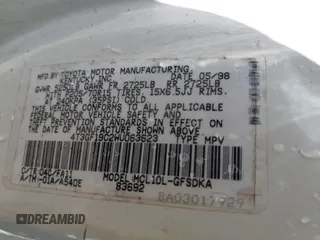 1998 Toyota Sienna CE z VIN 4T3GF19C2WU063623, wystawiony jako IAAI lot #42142554 z przebiegiem 272 791 mil mil oraz . Historia ofert i sprzedaży dostępna na DreamBid. Obrazek 9.
