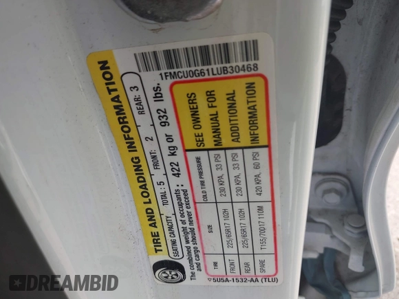 2020 Ford Escape SE with VIN 1FMCU0G61LUB30468, listed as a IAAI auction lot 42265331 with 84,026 mi miles and . Bid and sale history available at DreamBid. Image 9.